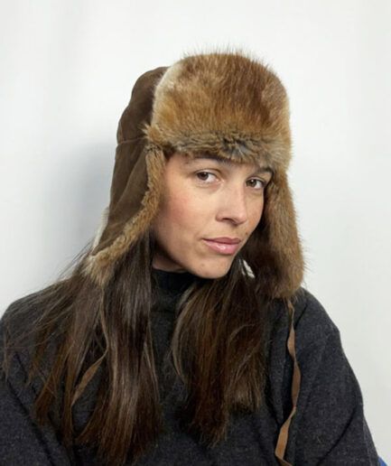 VINTAGE Gorro estilo aviador de pelo natural con ante marrón